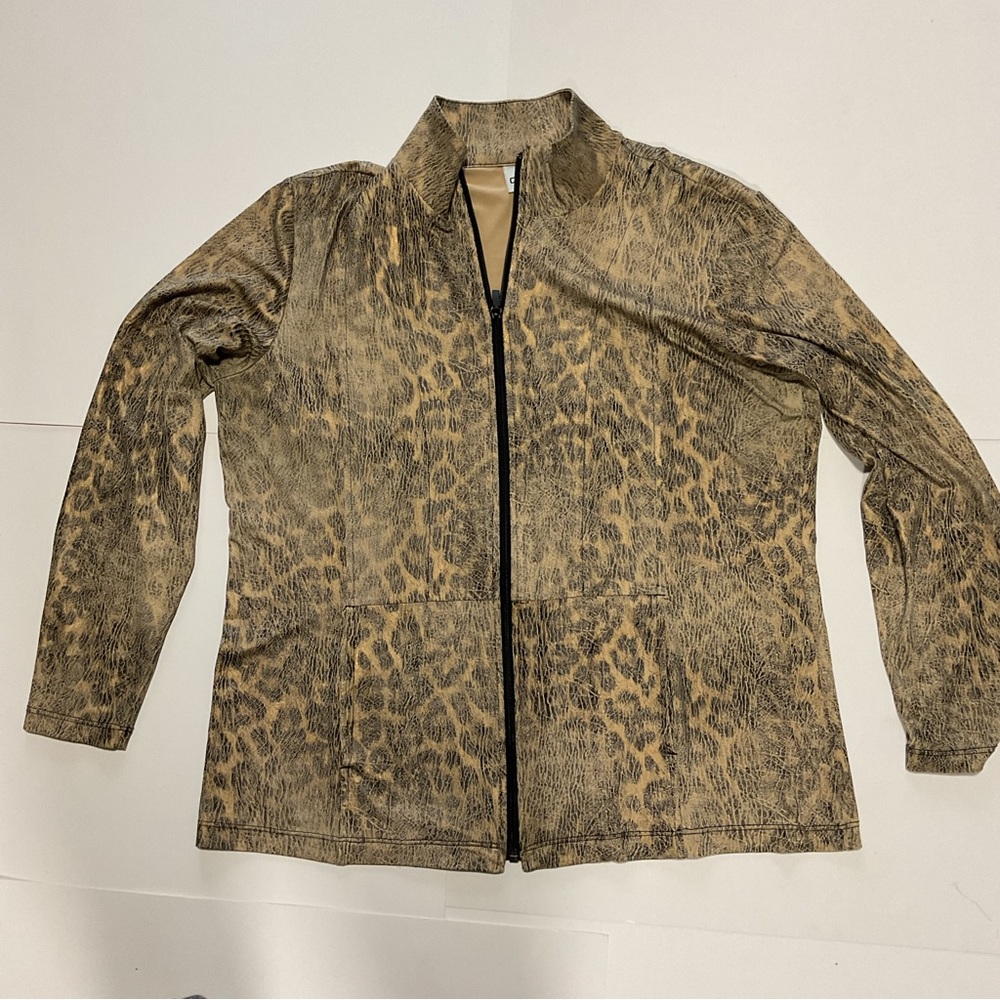 Chico’s Brown Loepard Print Women’s Top Long Sleeve Full Zipper 2 Pocket…